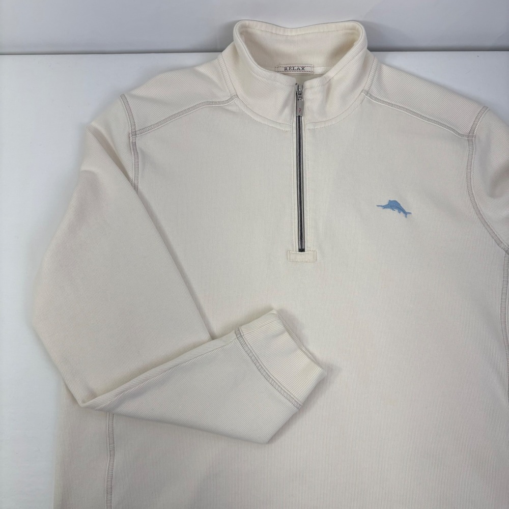 Tommy Bahama Men's Antigua Cove Cream Ribbed Cotton Quarter Zip Pullover Large